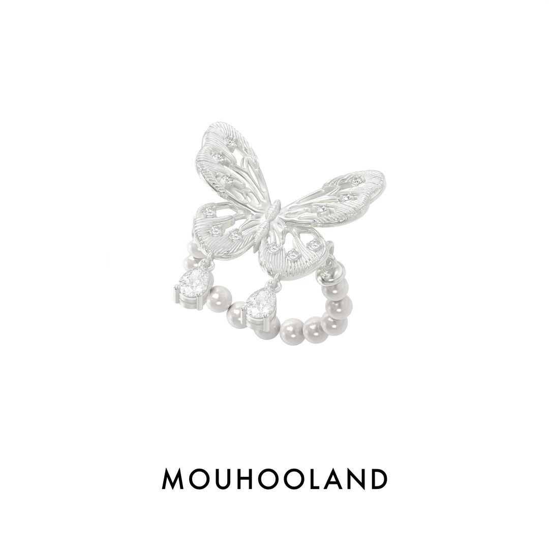 Mouhooland/暮后之地 925银锆石戒指 蝴蝶弹力绳戒指手工雕刻拉丝