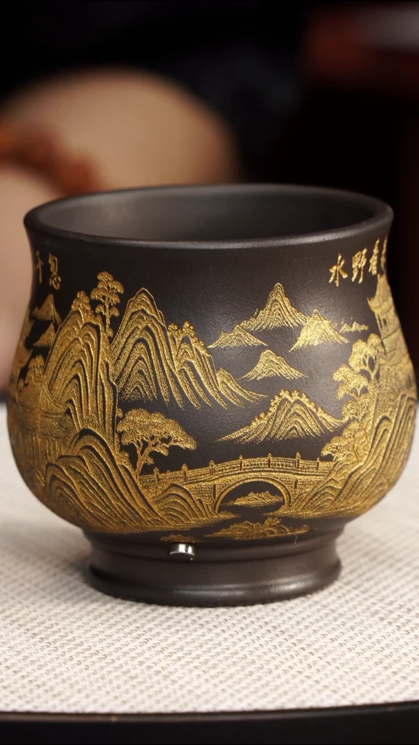 茶杯紫砂宜兴紫砂 描金亭台杯 高传琳