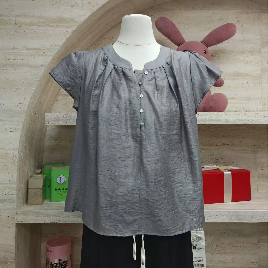 防晒洋气百搭连衣裙韩版褶皱休闲圆领时尚衬衫夏季上衣短袖