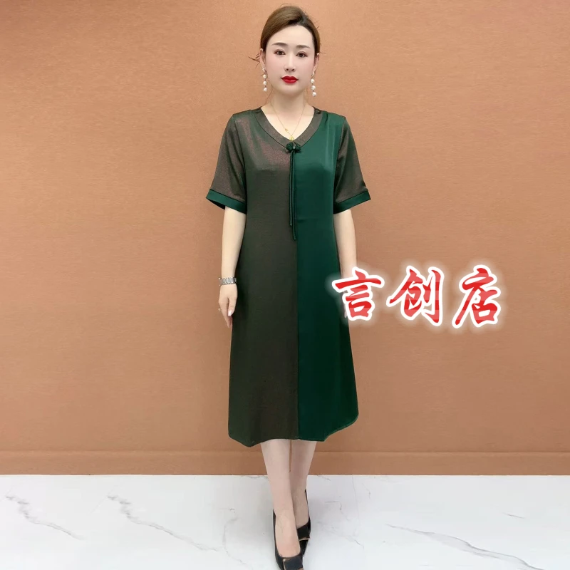 823中年妈妈装V领拼接连衣裙夏季高端大气质阔太太优雅中式大码裙