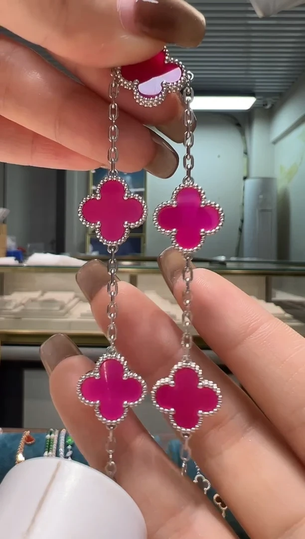 铂Pt950镶嵌手链玛瑙/玉髓红玛瑙玫红五花手链