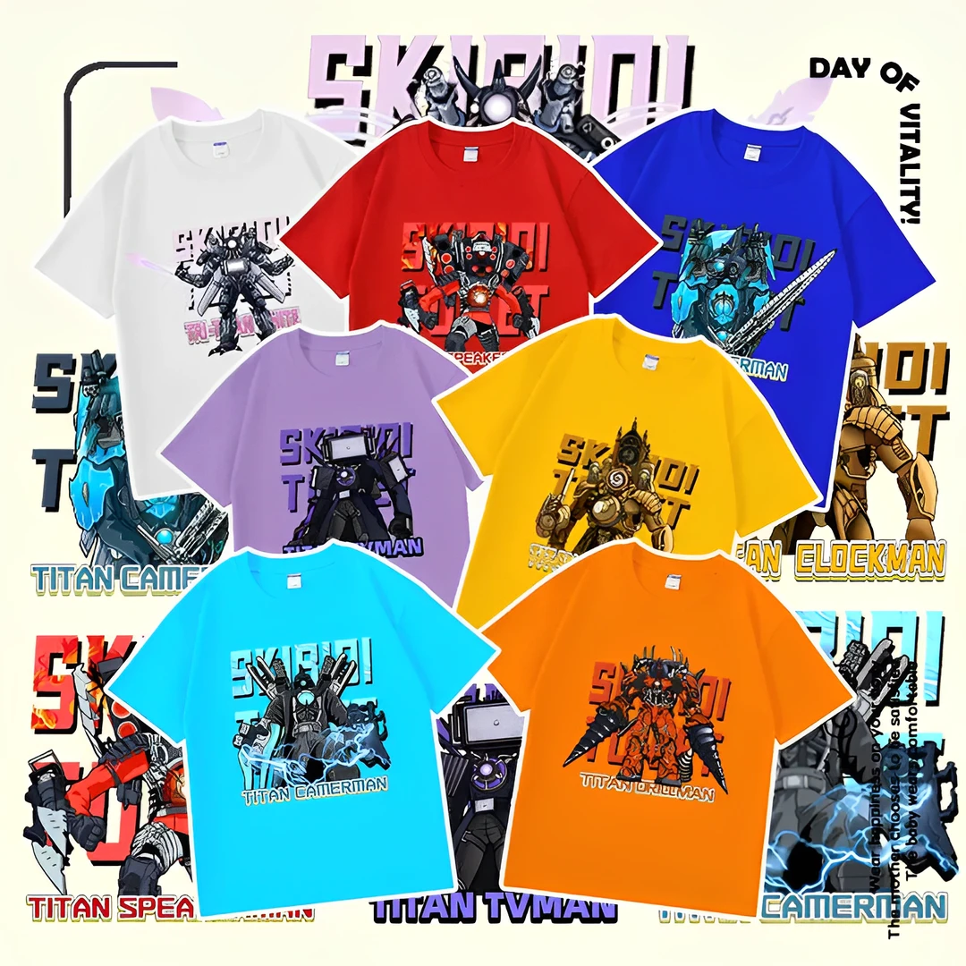 新款纯棉监控人音响人时钟人儿童T恤上衣电视人短袖男女童装夏季