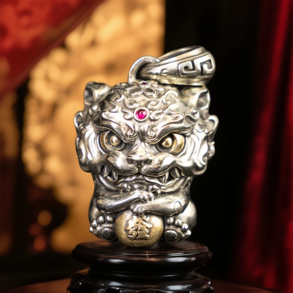 铜吊坠  白铜虎头挂件 萌虎抱财体验版吊坠原创设计 复古国风潮玩