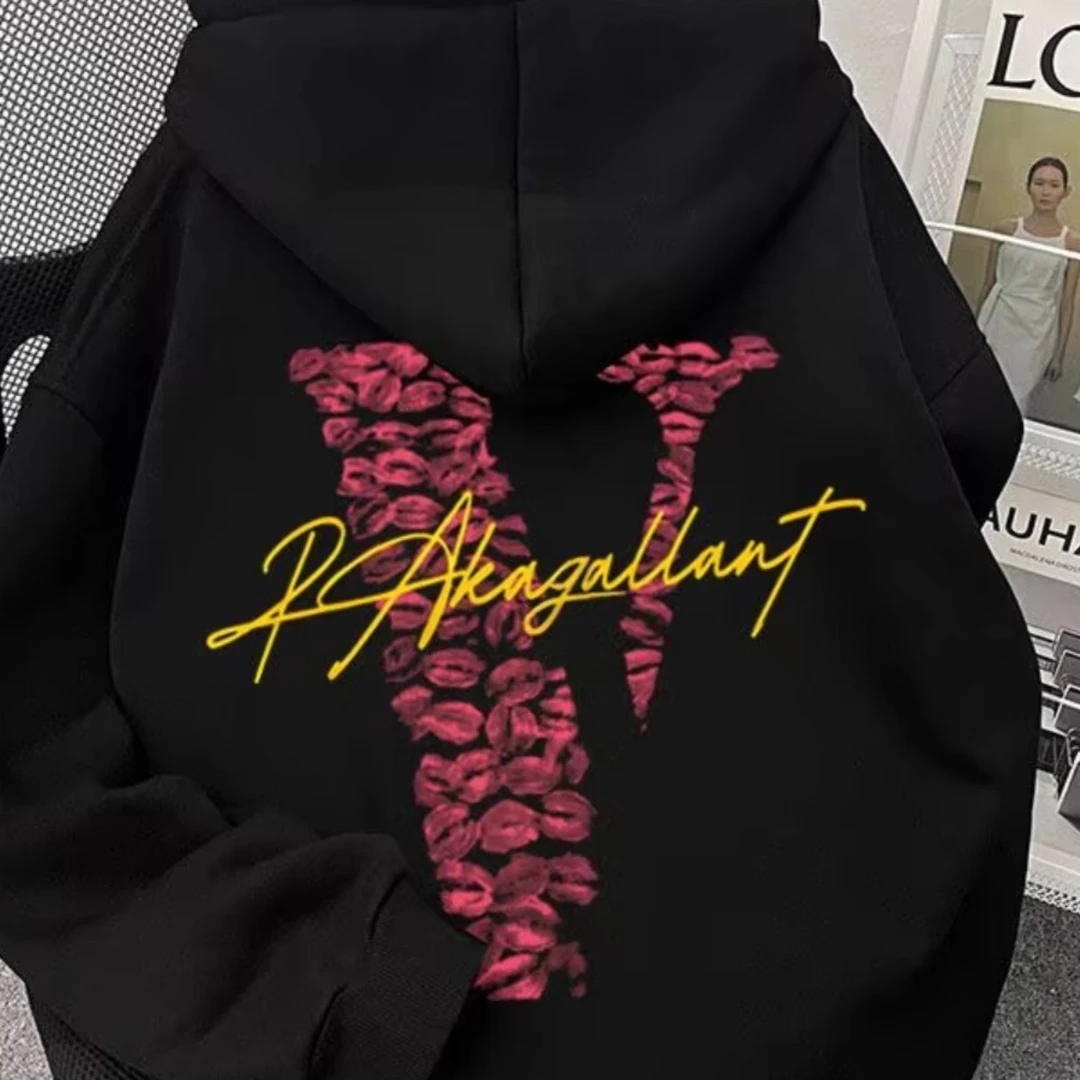 新款美式字母大V印花高街连帽卫衣男女款秋冬季宽松百搭加绒上衣