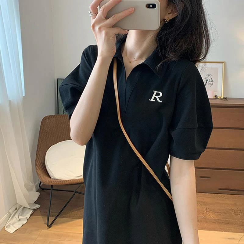 时尚洋气polo领小黑裙2025新款夏季宽松显瘦气质减龄短袖t恤裙女
