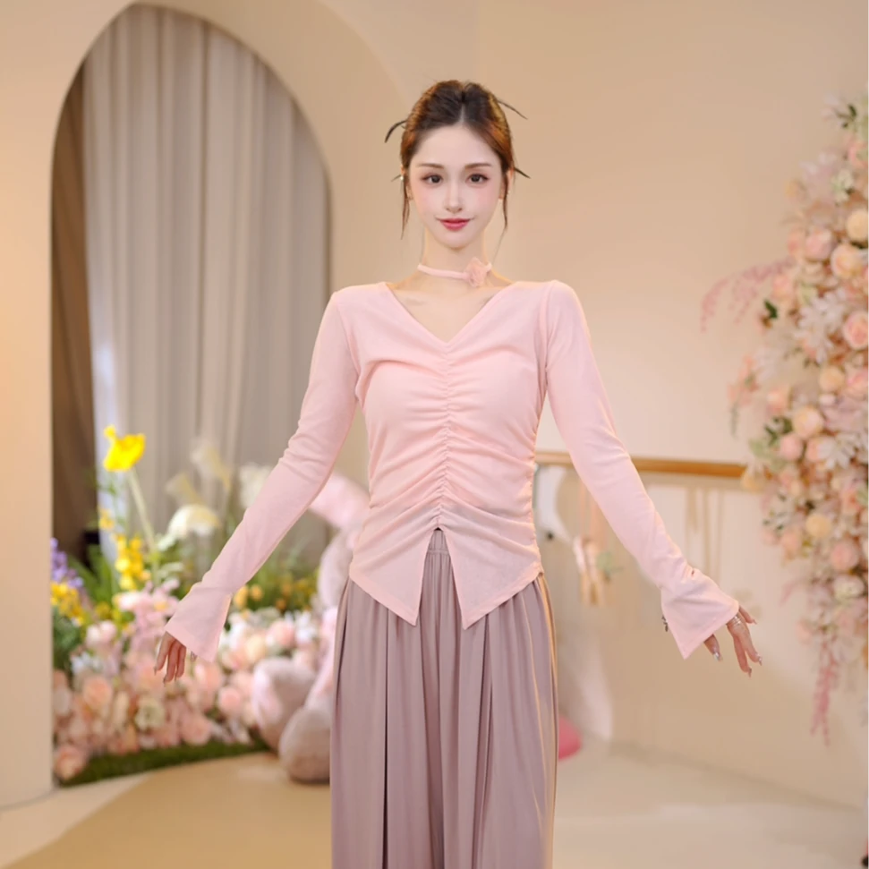 3450 D现代舞蹈服成人女V领褶皱长袖上衣练功形体古典遮肉显瘦