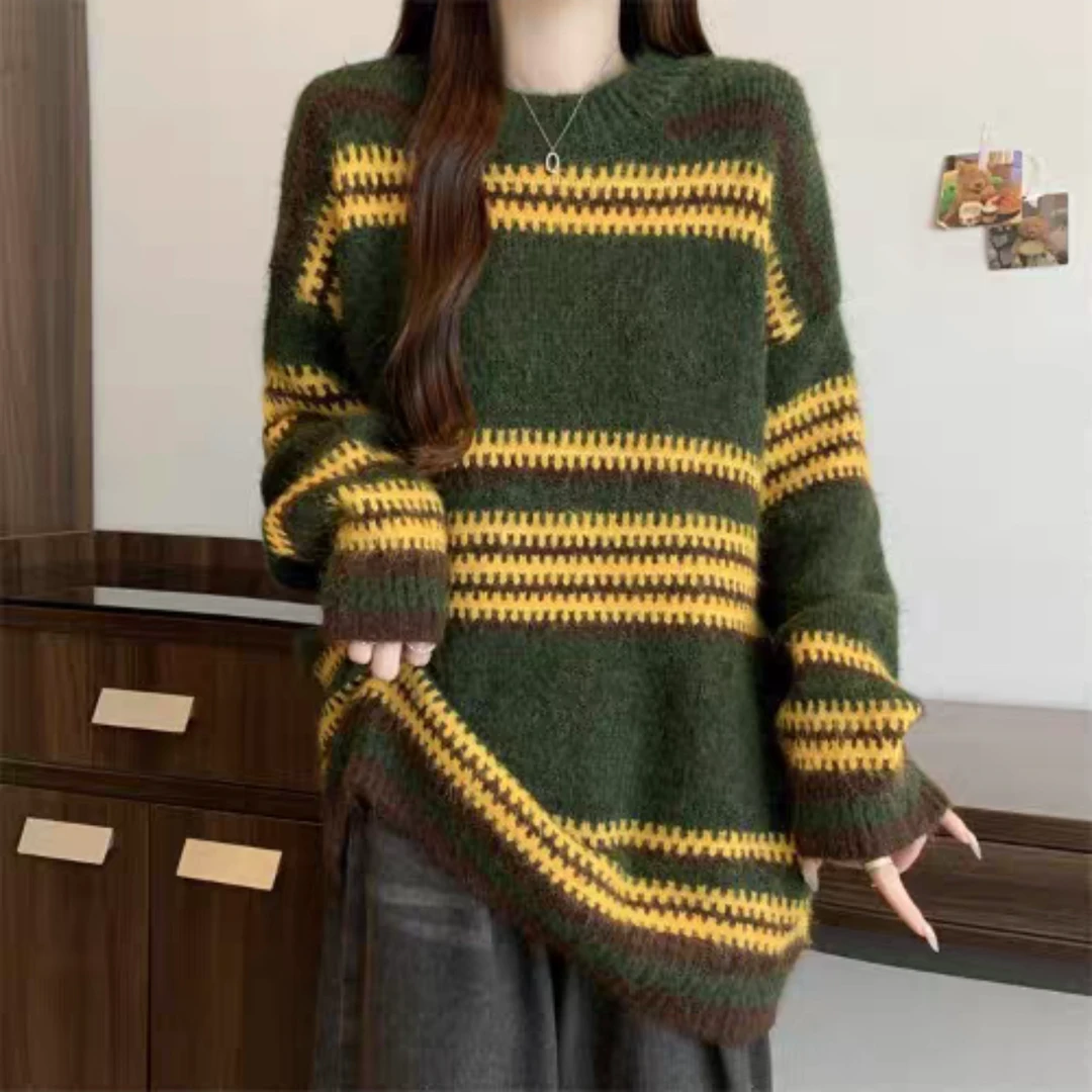 【静姐家】1105绿色条纹宽松大版女中长款针织上衣