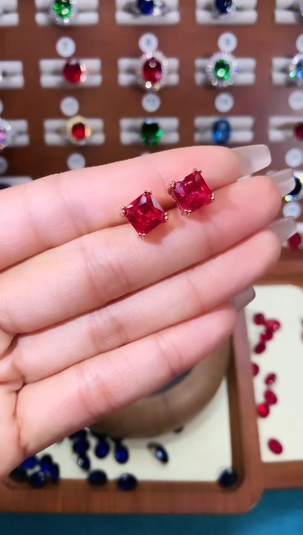 银S925镶嵌耳饰红宝石8玫瑰金