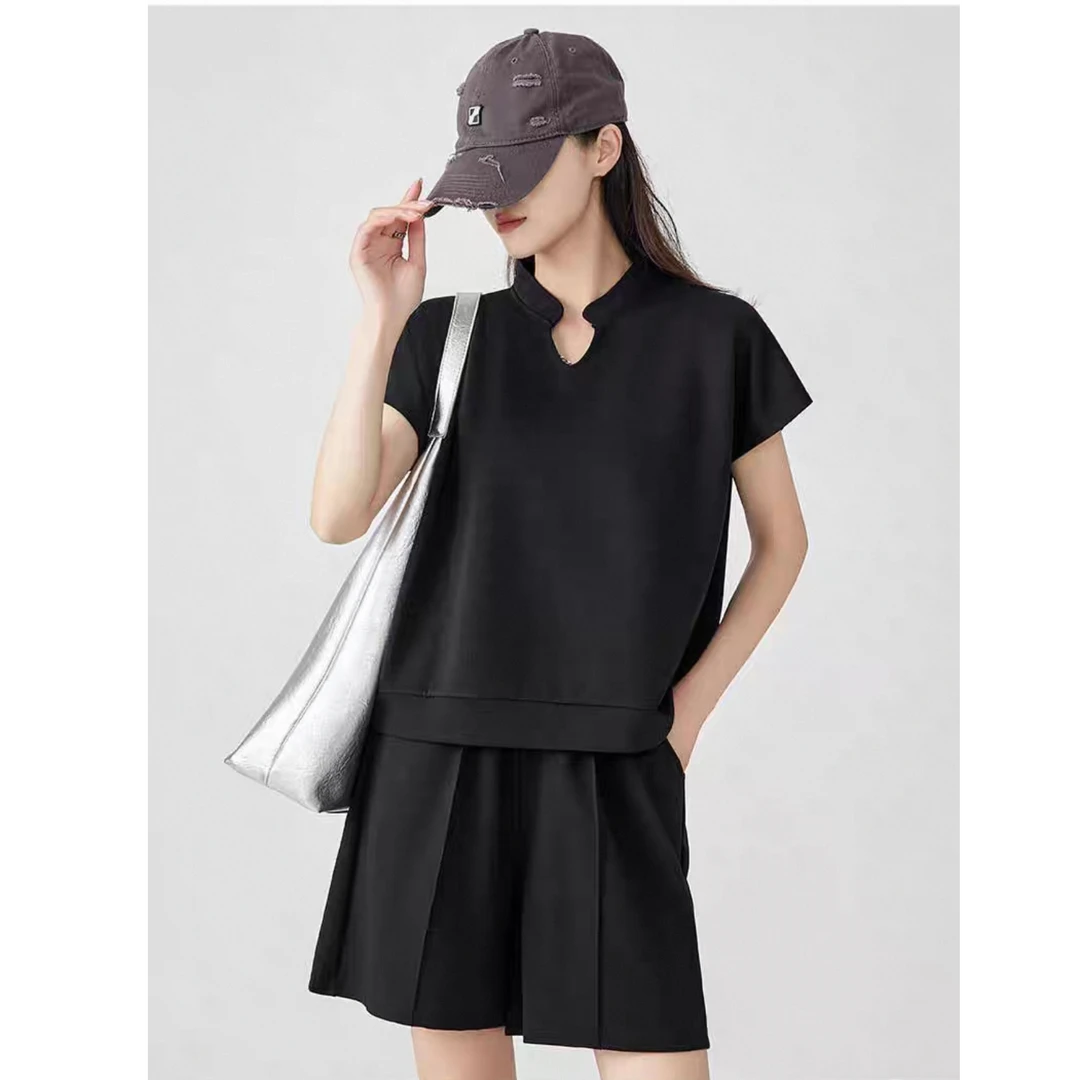 76697空气层时尚运动短袖短裤V领阔腿两件套套装