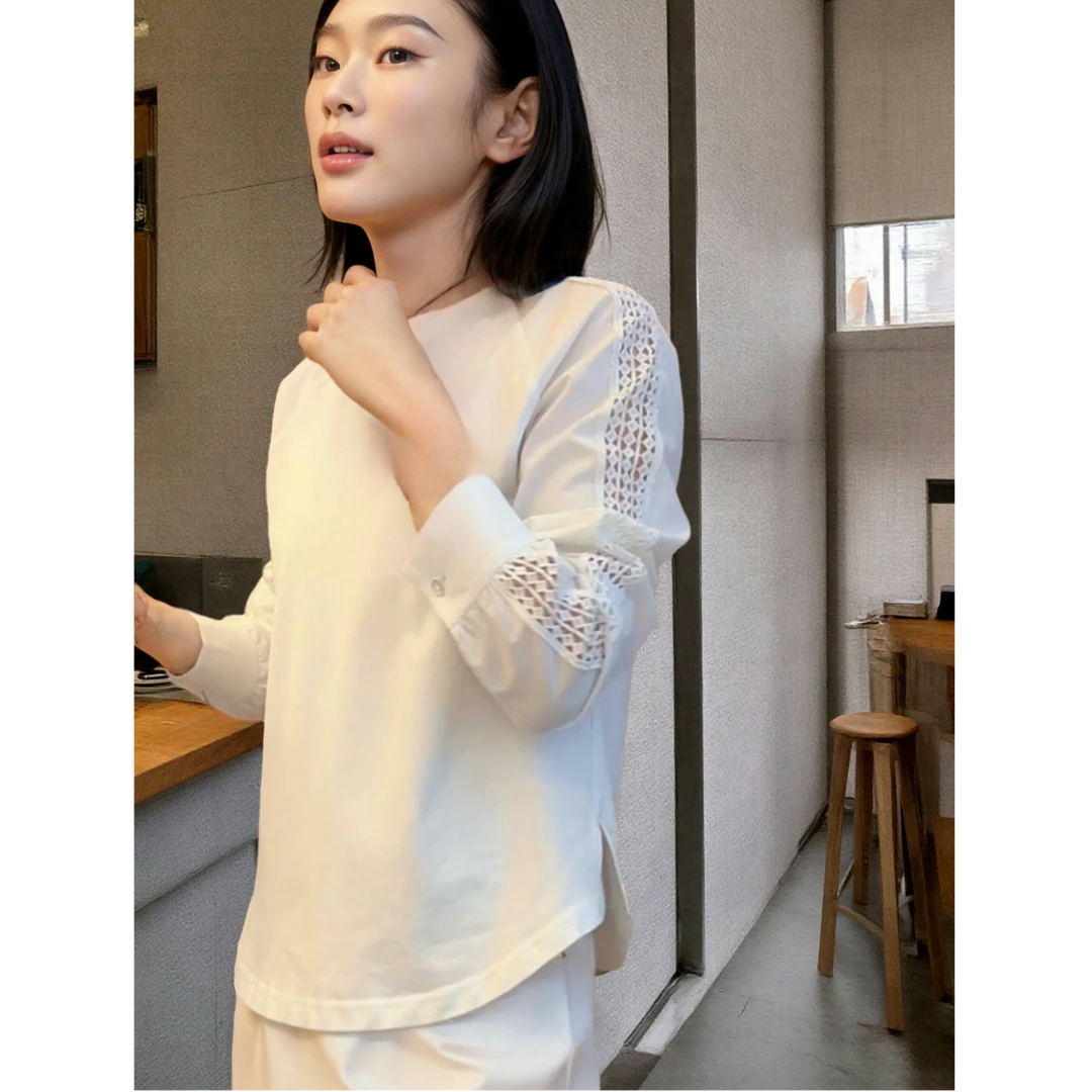 圆领长袖肩膀镂空设计上衣2025春季新款开叉T恤14268