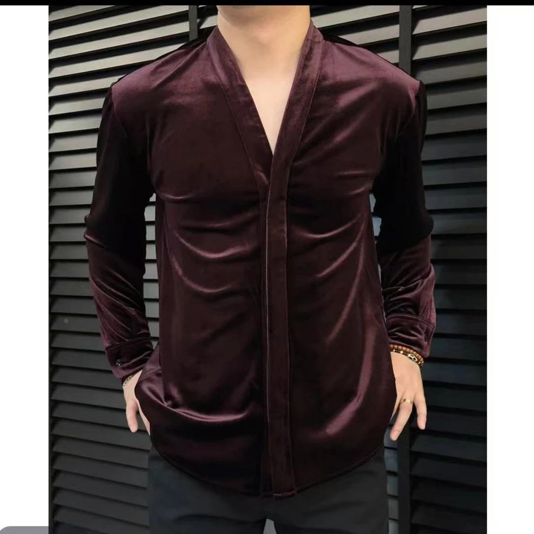 2024新款 定制金丝绒青果领 纯色简约时尚百搭 休闲长袖衬衫7126