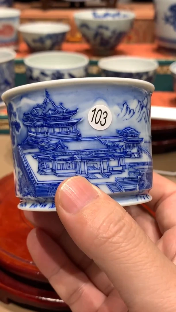 杯子103雕刻楼阁直口杯缩釉yl106