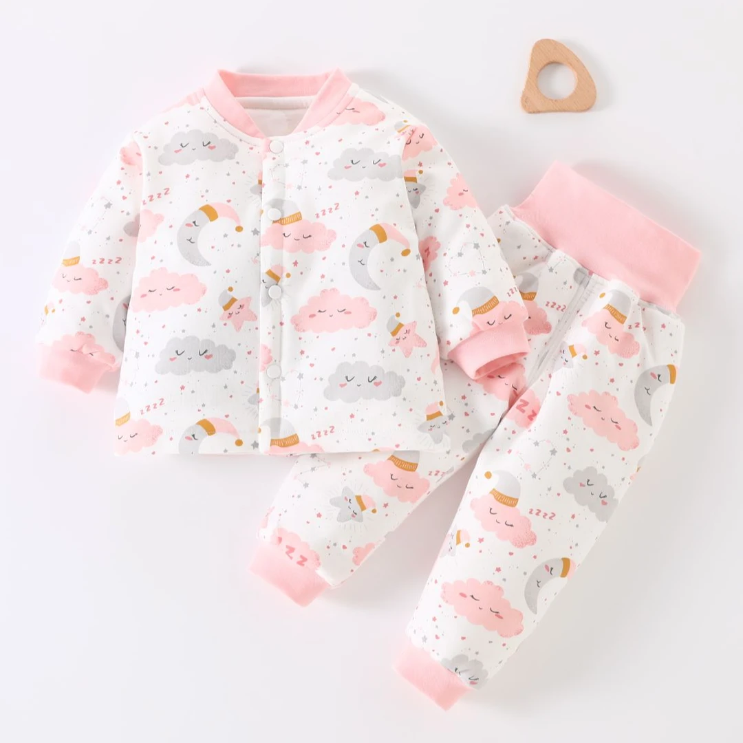 80克婴幼儿纯棉套装男女宝宝高腰分体护肚对开衣服春秋