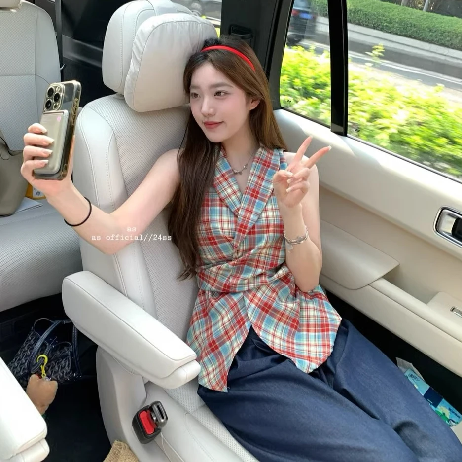复古韩版撞色格纹挂脖露肩背心女夏季小众设计感收腰系带无袖上衣