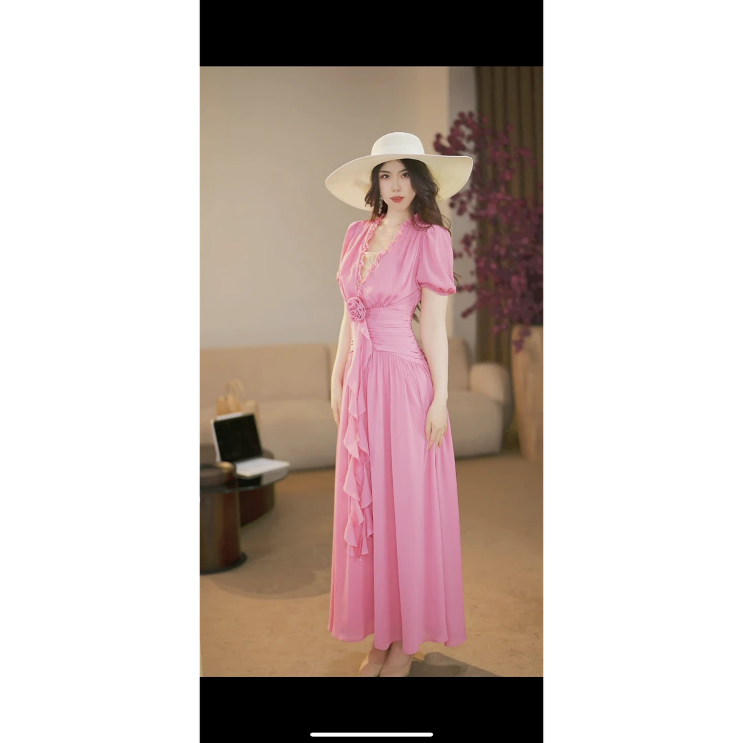 【千亿】粉色回忆 法式修身显瘦气质优雅长款连衣裙-HZ756