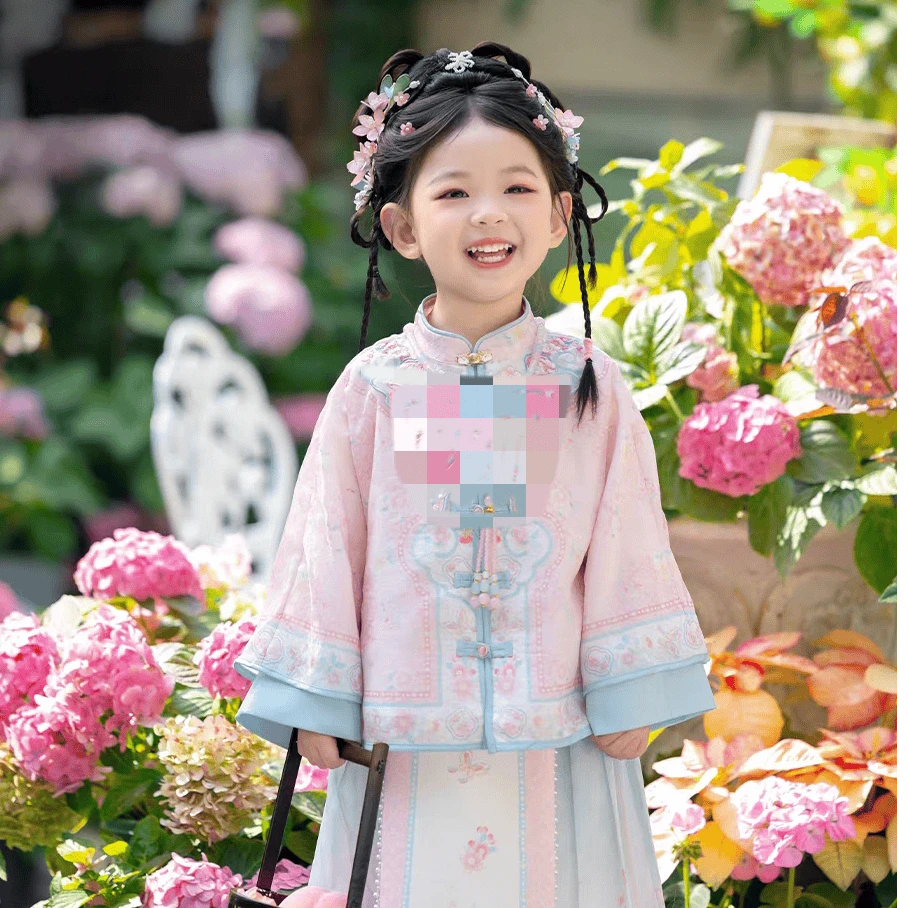 2025女童春秋新款长袖花蝶影明制汉服女童古风马面裙儿童国风套装