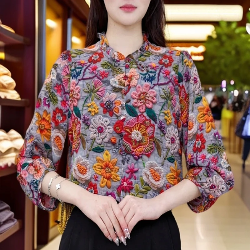 2025气质时尚花卉2衬衫高级洋气长袖新款宽松上衣860复古