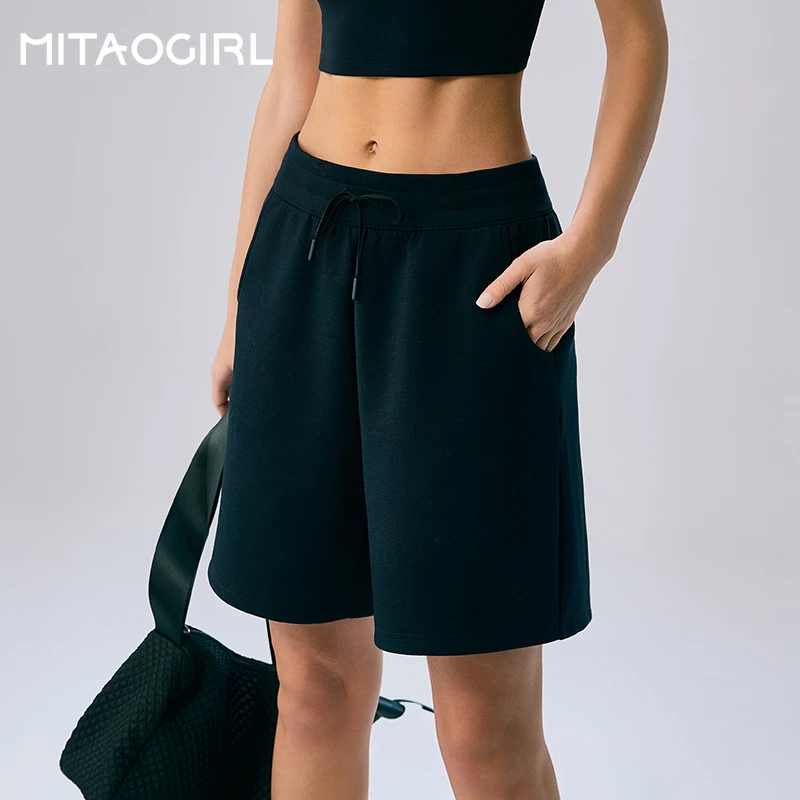 MITAOGIRL肯豆风运动短裤松紧腰训练外穿跑步高腰宽松健身四分裤