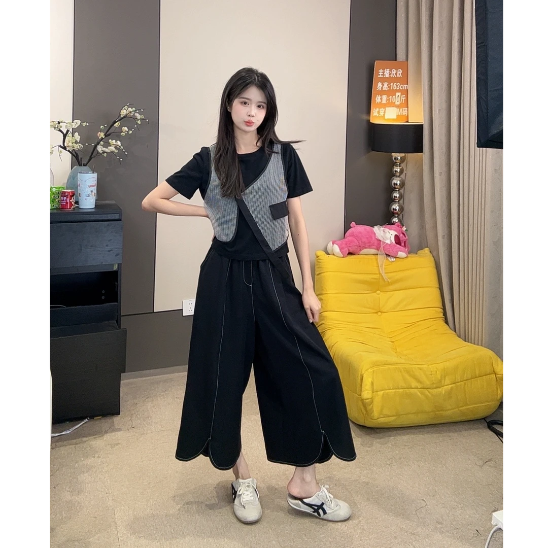 【青苍+特价】复古港风休闲裤+显瘦拼接不规则创意时尚上衣两件套