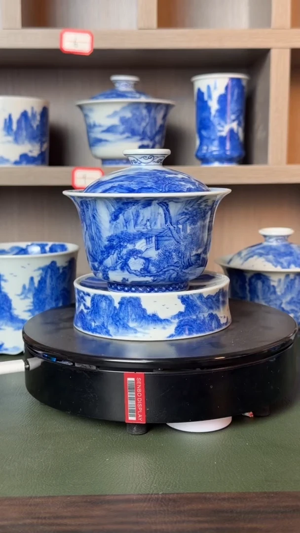 精工青花宋画山水盖碗