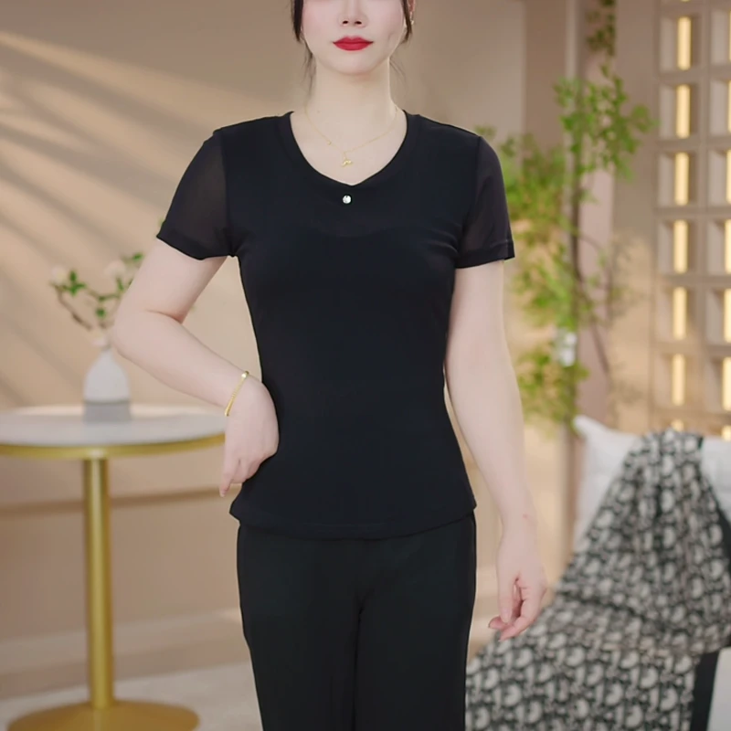 【莫瑞定制】黑色网纱打底衫女2025年夏季新款洋气修身显瘦短袖T恤