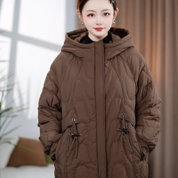 【清】冬季新品百搭时尚减龄连帽保暖显瘦女士咖色宽松韩版