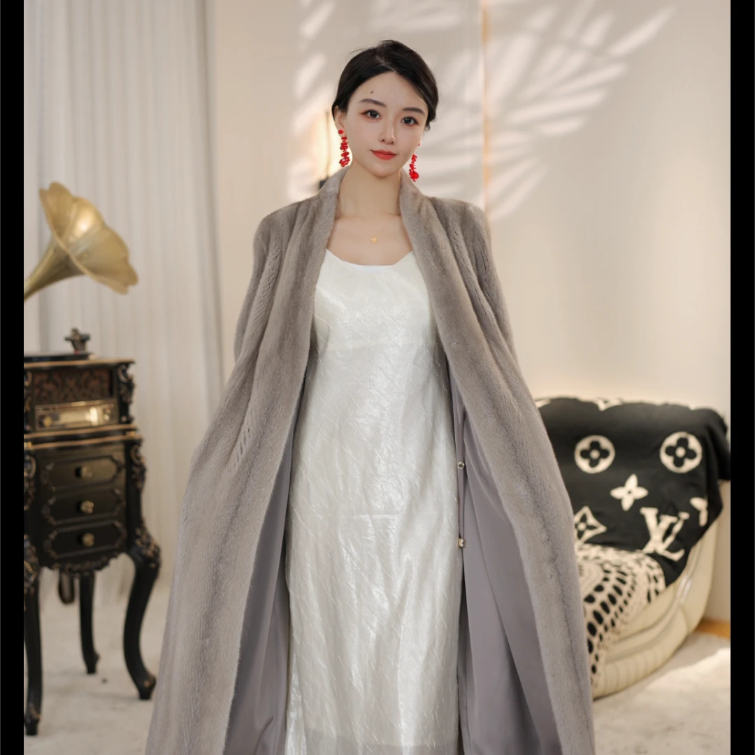 新款V领机开全抽刀长款水貂女进口短二皮草外套显瘦女长款水貂