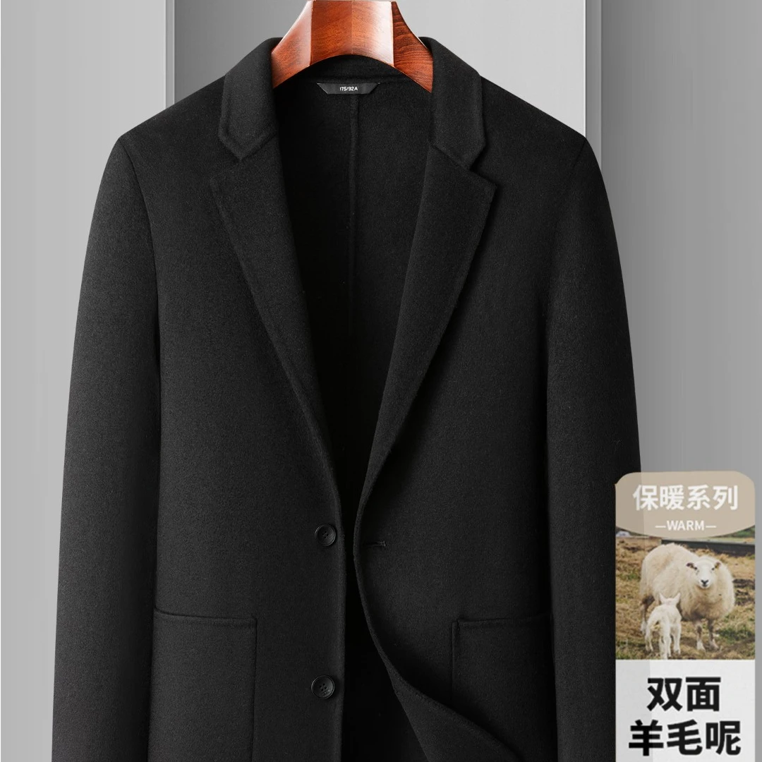 2025轻奢时尚秋冬装羽绒外套双面呢西服羊毛西装中年男士毛呢大衣