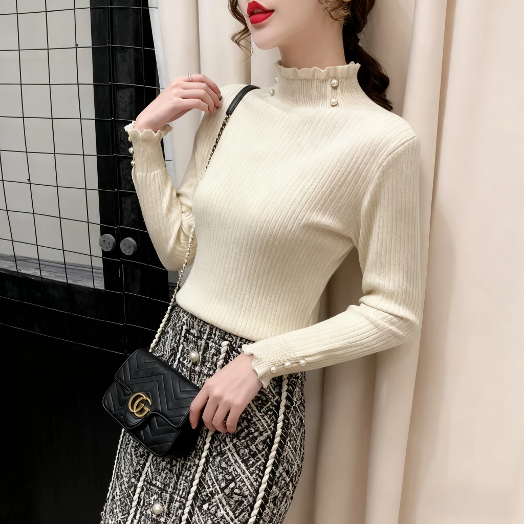 大码打底衫女胖mm半高领毛衣木耳边秋冬季一体mm宽松过年大码毛衣