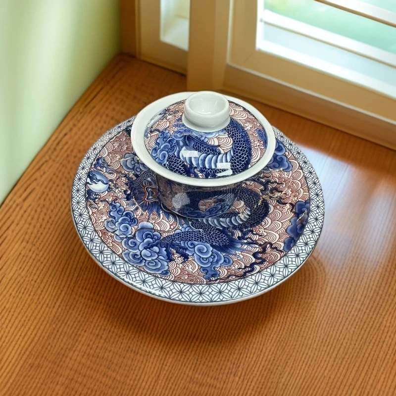 龙腾盛世三才盖碗茶具手工家用陶瓷大号手绘白瓷珐琅彩龙纹家用