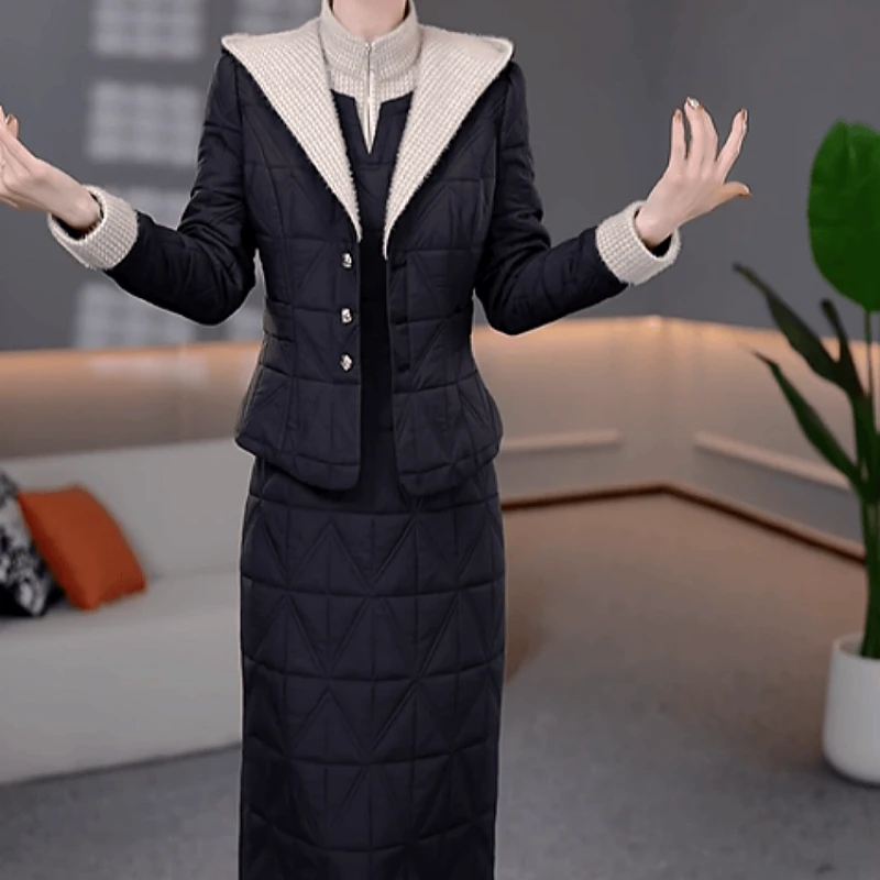 B734【外套+连衣裙】2025冬季新款时尚气质保暖显瘦加厚夹棉套装