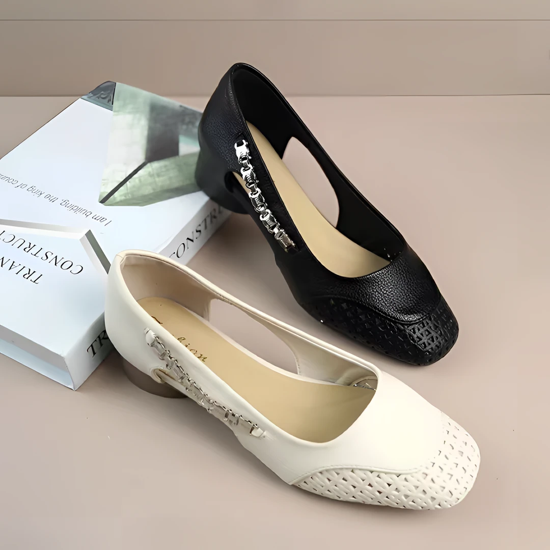 真皮镂空女舒适妈妈鞋胶粘胶粘鞋一字带凉鞋春夏浅口坡跟中跟