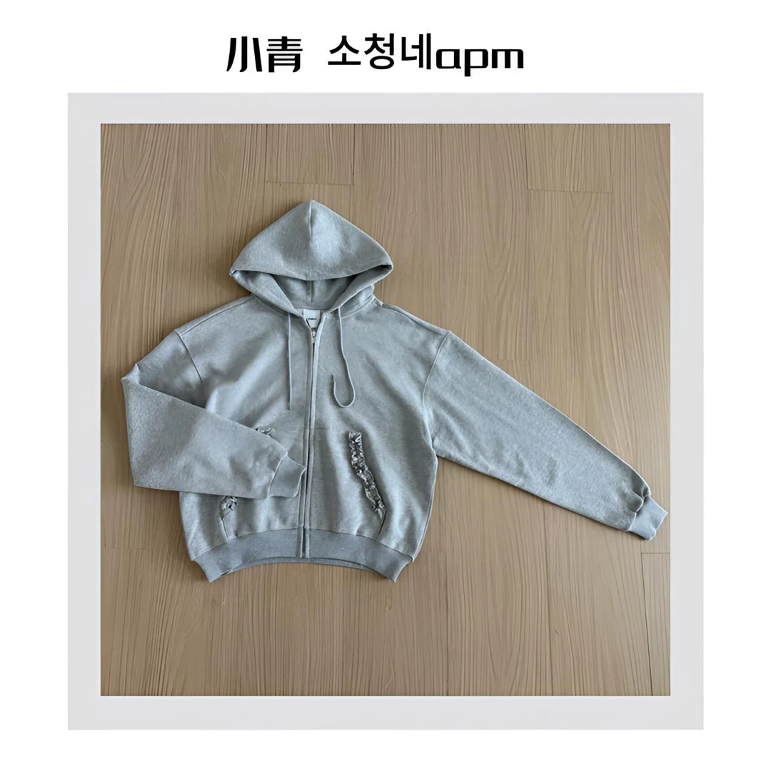 韩国东大门 PEBBLE/口袋木耳边连帽卫衣外套