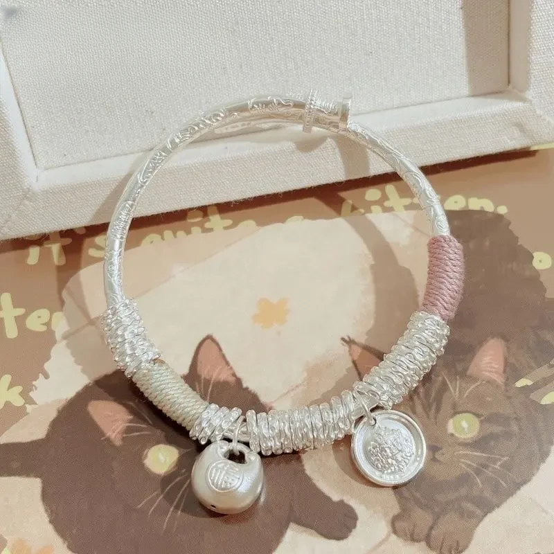 足银手镯999财神小胖福吉言钉子开口盘缠银手镯古法五福银手镯