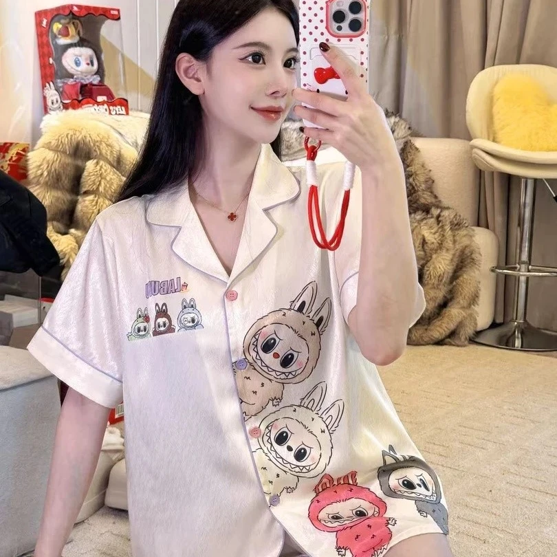 睡衣女冰丝新款卡通印花夏季薄款短袖短裤家居服套装可外穿三件套