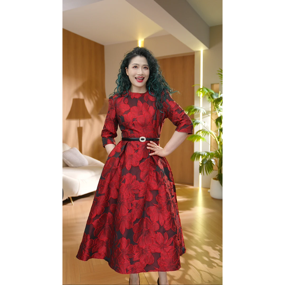 六丑【新年开门红】新款显瘦大摆提花收腰系带连衣裙501LYQ0691