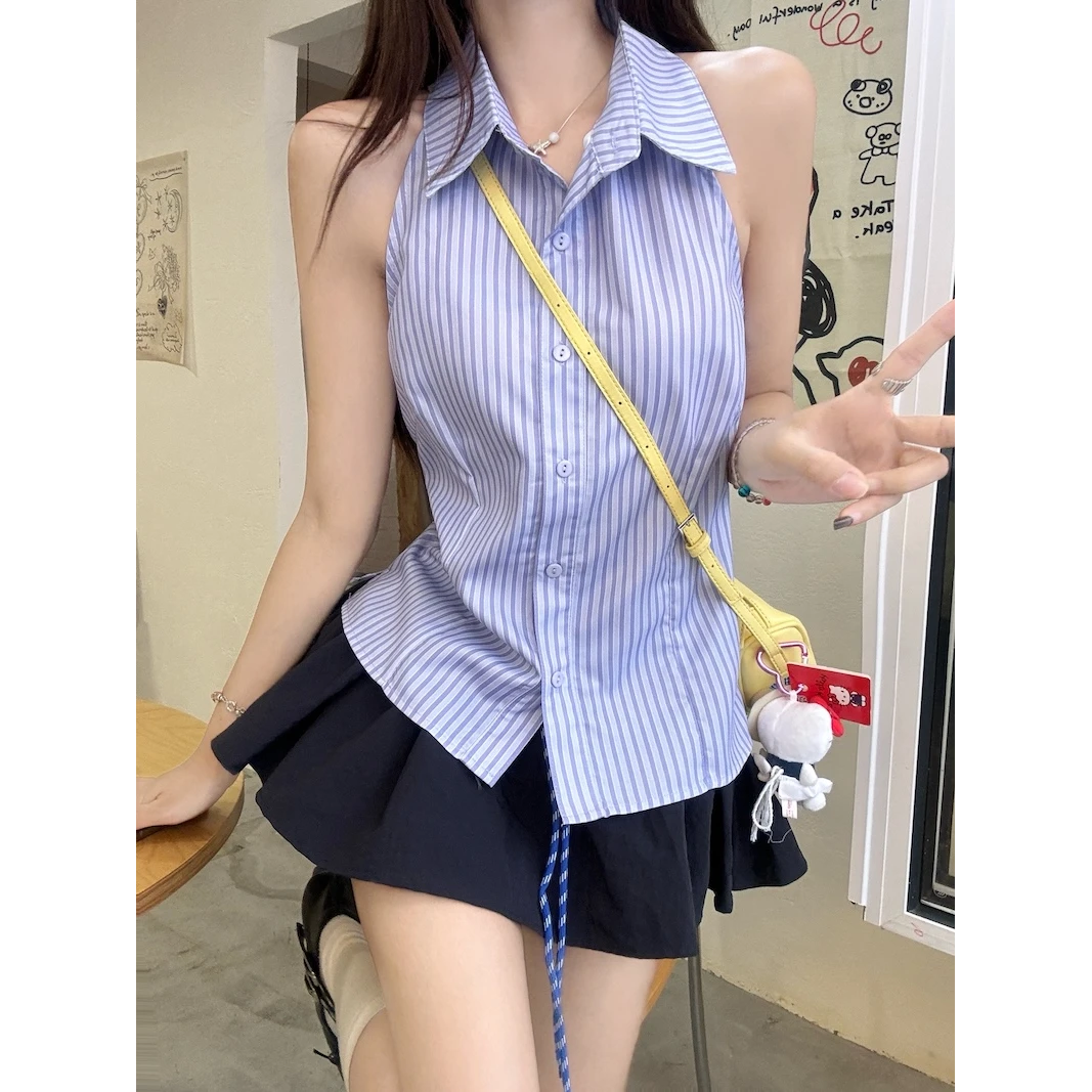 新款2025气质套装法式条纹系带无袖衬衫女夏季高腰百褶短裙两件套