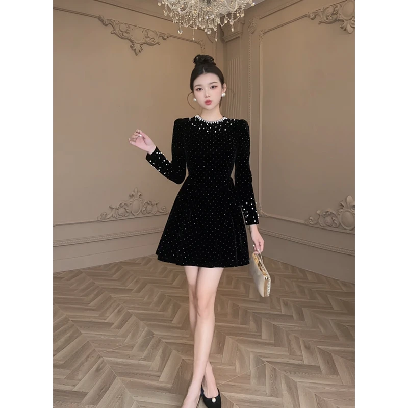 显瘦气质小个子长袖黑色法式名媛宴会连衣裙21442