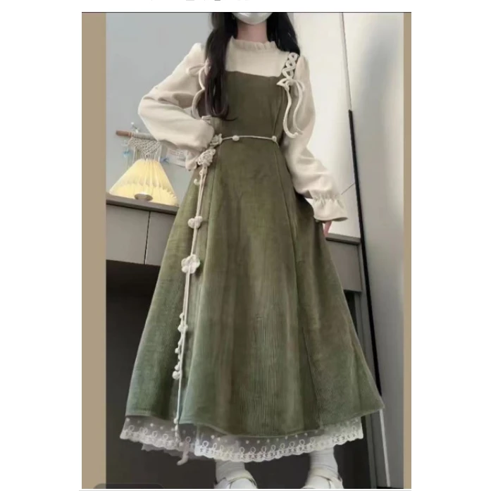 (大嘴)大码入冬穿搭森系木耳边复古收腰长裙套装无腰带2889