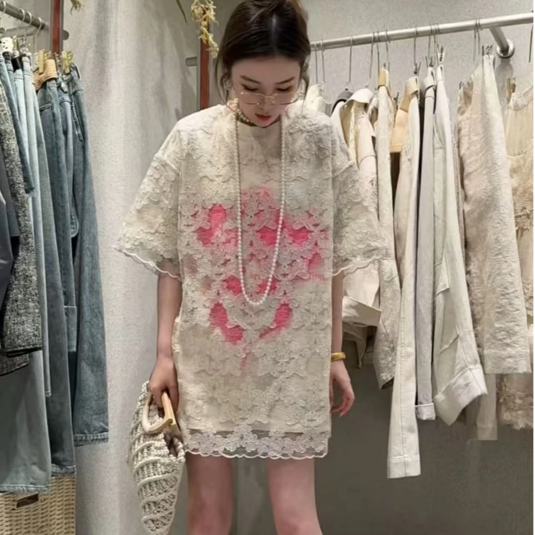 2025夏季新款欧货时尚百搭圆领拼接蕾丝短袖T恤女休闲上衣11960