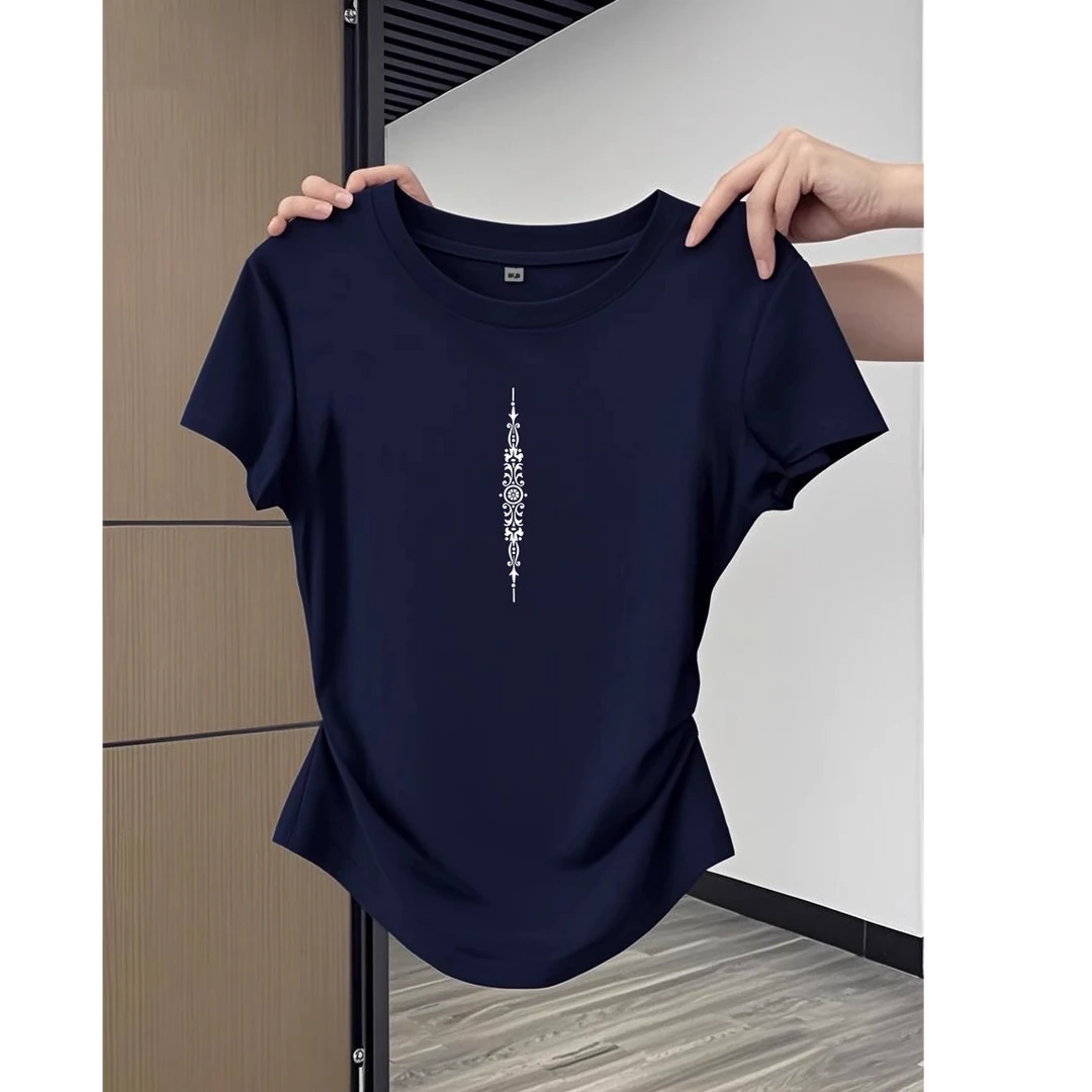 正肩圆领短袖T恤女纯棉百搭洋气收腰显瘦修身短款小个子辣妹上衣