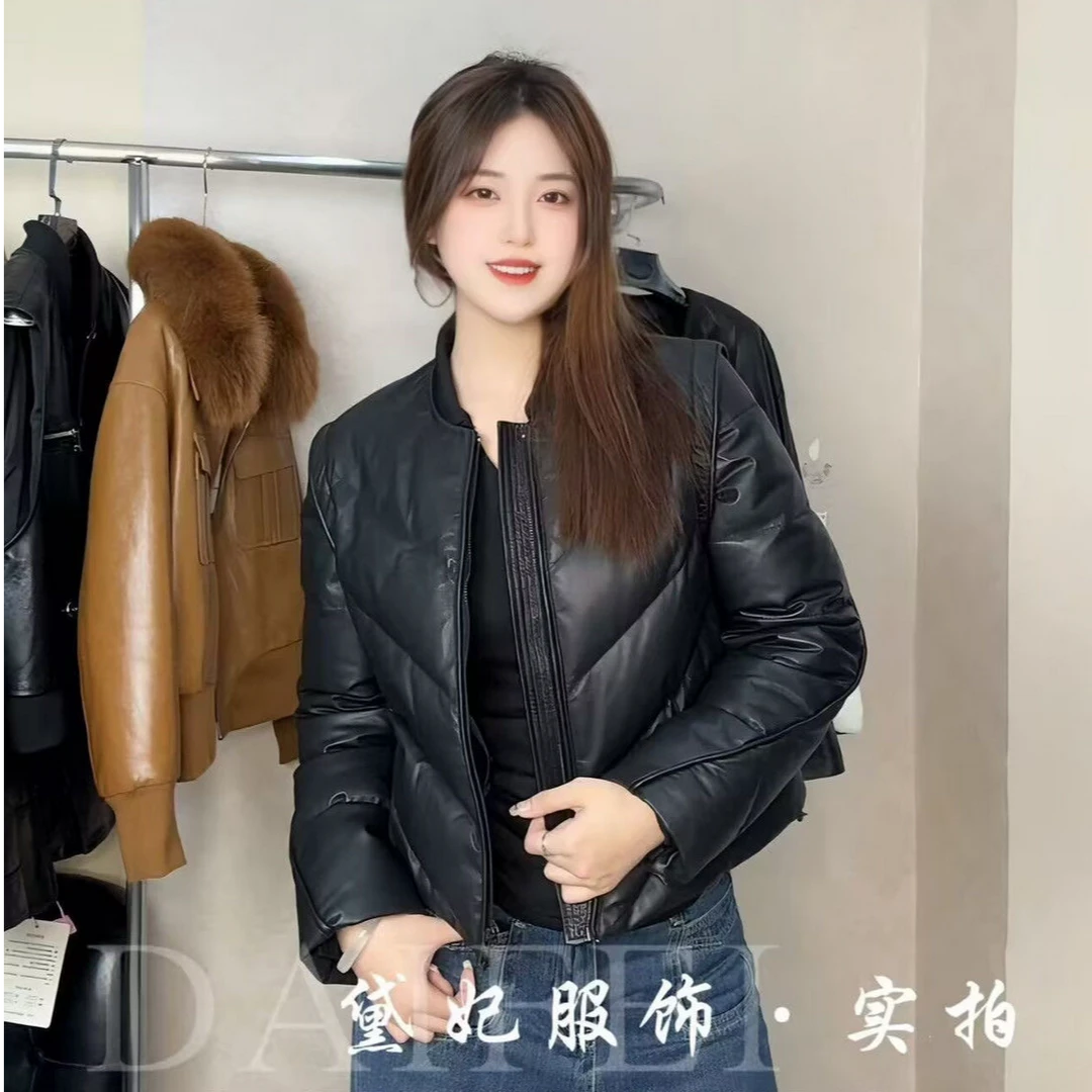 大彤彤同款冬季圆领拉链真皮外套绵羊皮袖子可拆卸保暖羽绒服女