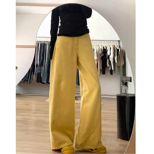 1059新款拼接弯刀牛仔阔腿裤显瘦高腰黄色宽松牛仔百搭休闲裤