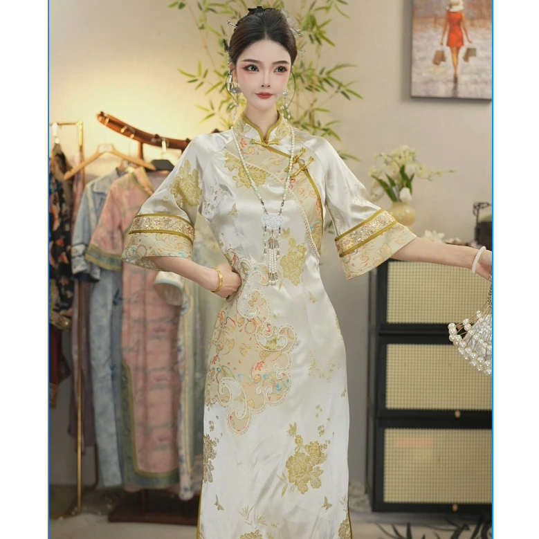 花享悦2025夏季新款中国风飘逸日常黄色长款重磅刺绣旗袍WW（1521）