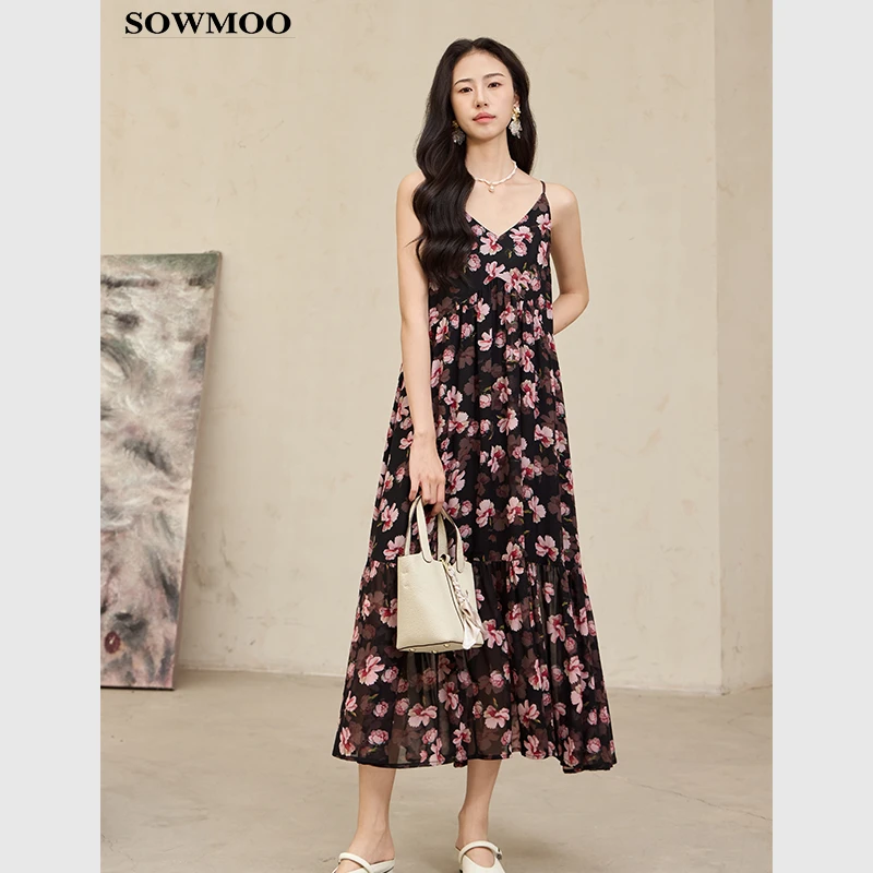 2025夏气质减龄高腰显瘦吊带度假碎花裙A字印花连衣裙25X1076