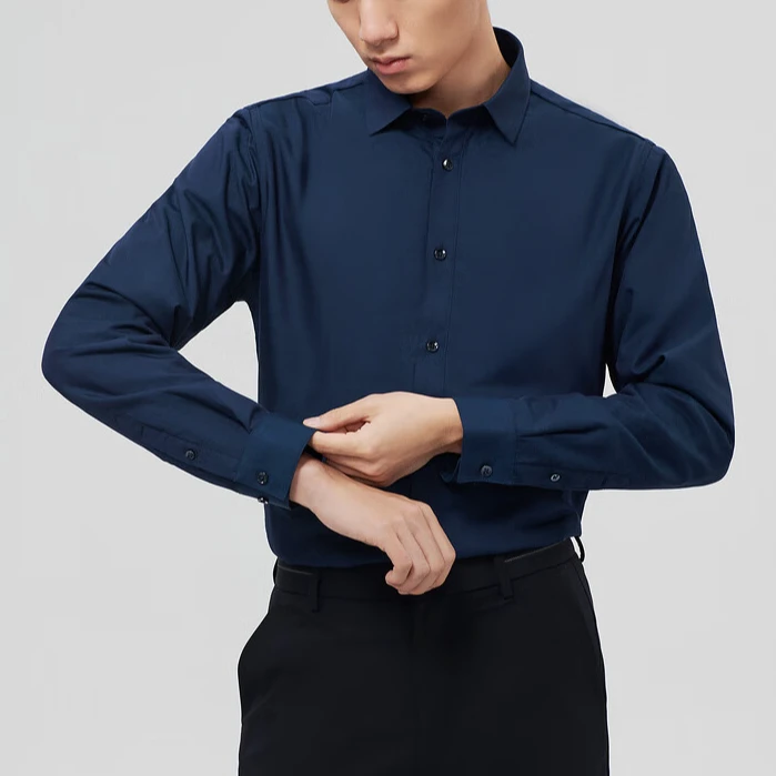 100%棉男款秋冬加绒保暖长袖衬衫净色藏青舒适内里 休闲百搭衬衣