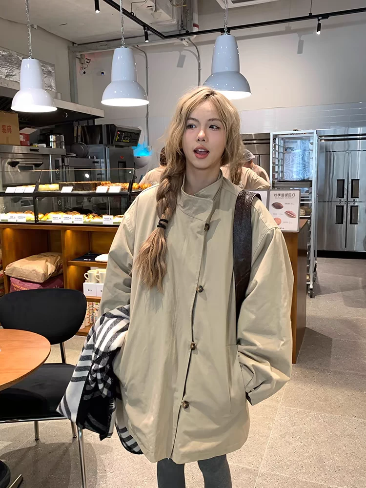 韩风立领夹棉风衣女中长款学院风冬季宽松棉服外套#9603