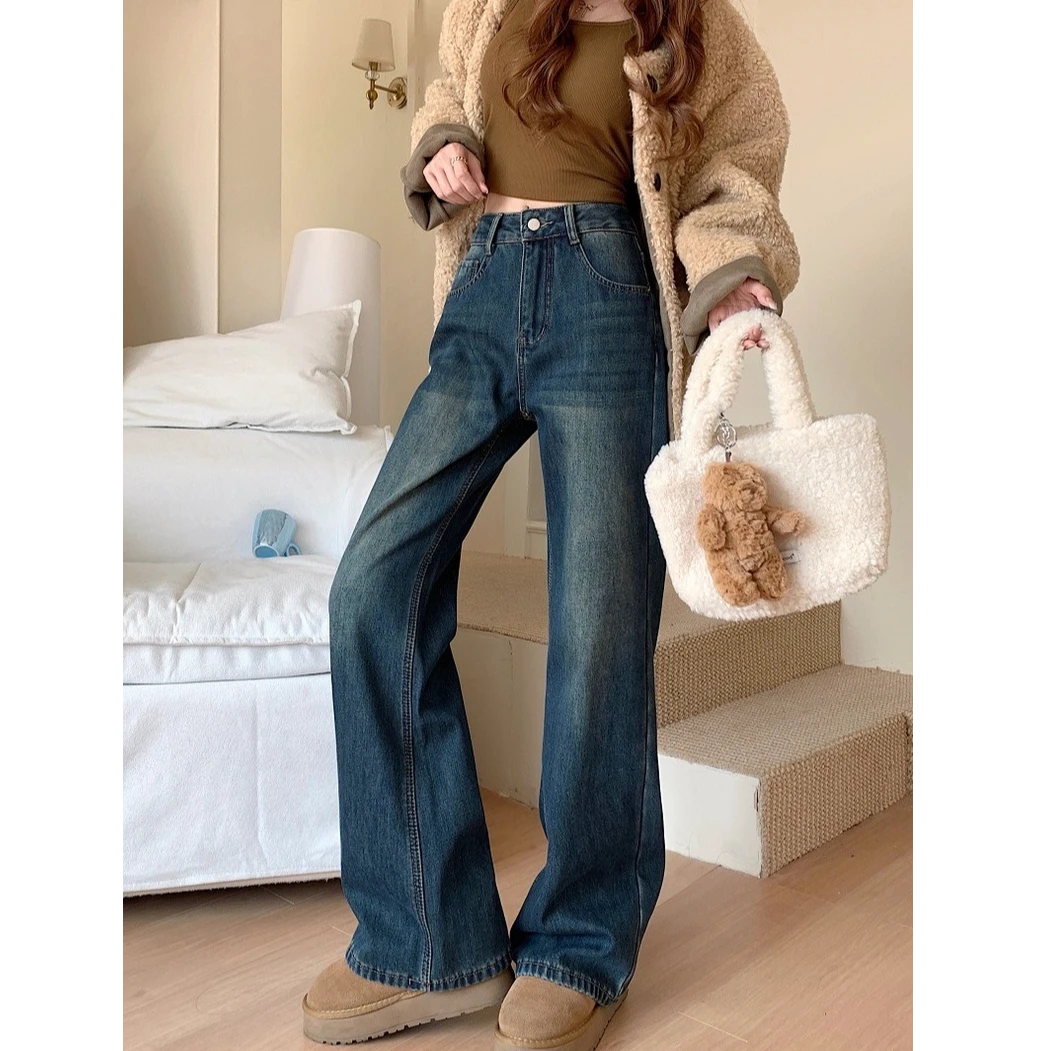 猫猫加长女裤高个子复古窄版阔腿加绒加厚牛仔6102
