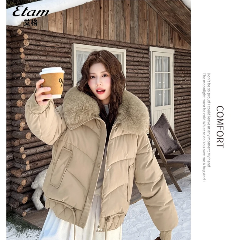 艾格新款小个子秋冬翻毛领常规短款韩系收腰时尚韩版百搭宽松棉衣