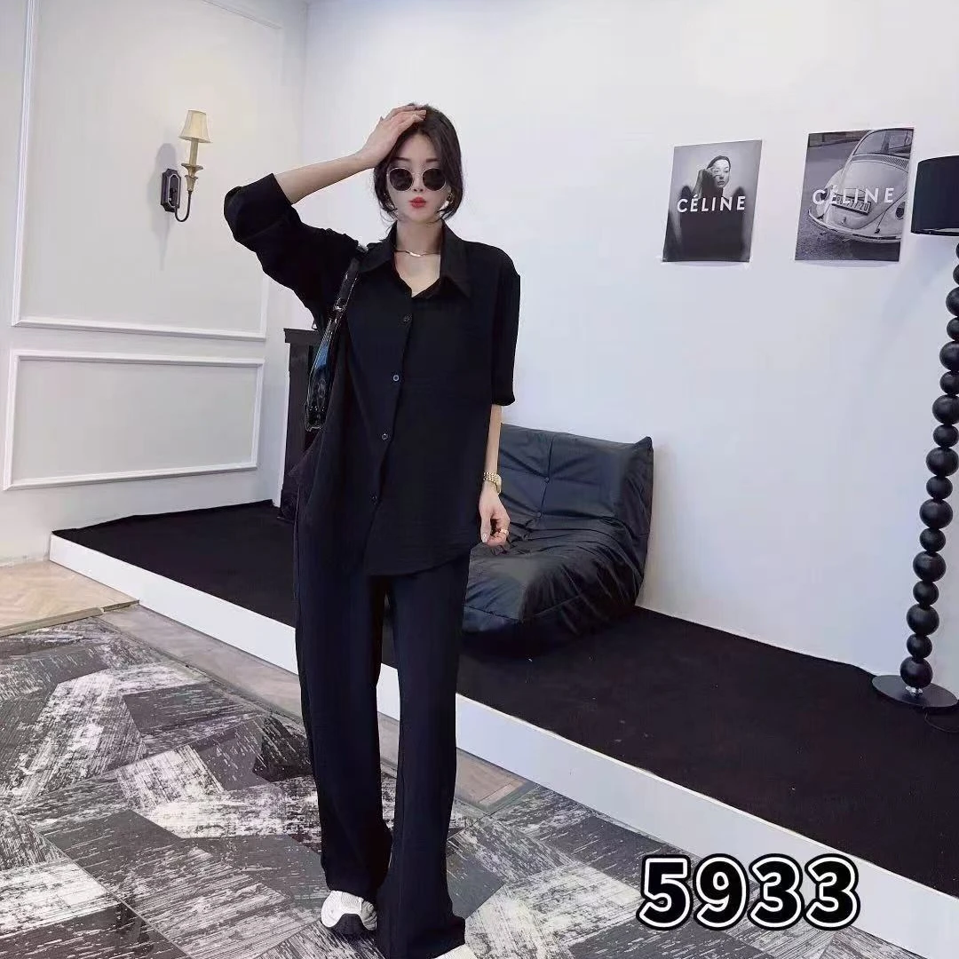 5933-两件套（衬衫+阔腿裤）简约纯色大码套装